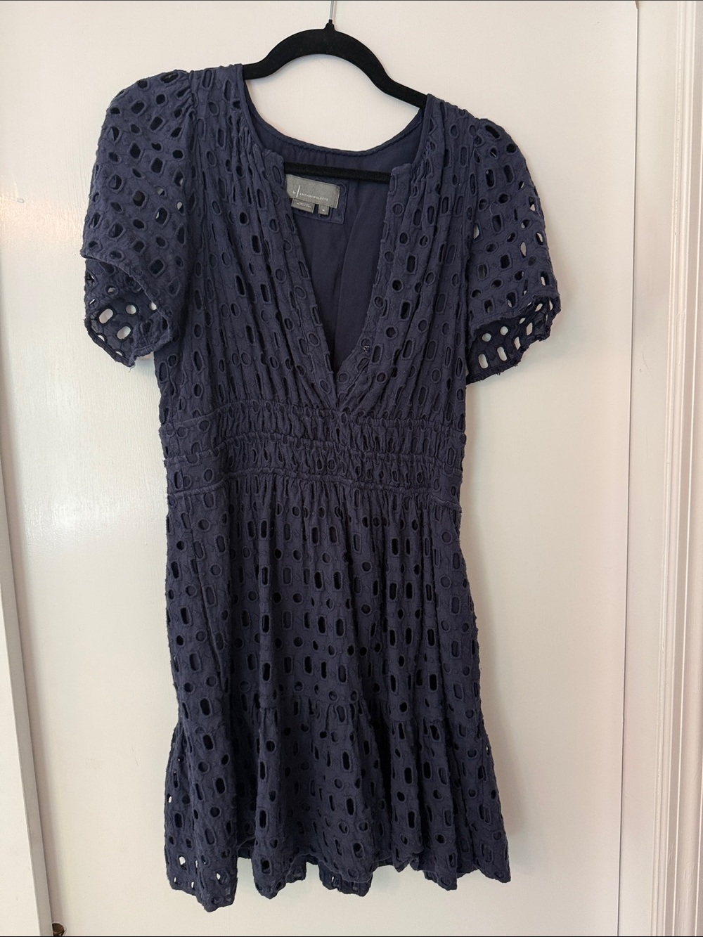Anthropologie Navy Eyelet V-Neck Mini Dress